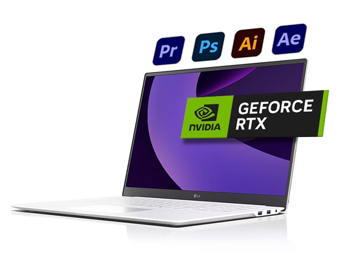 그램 프로 제품 위에 떠있는 어도비 프로그램 로고들과 GEFORCE RTX 로고