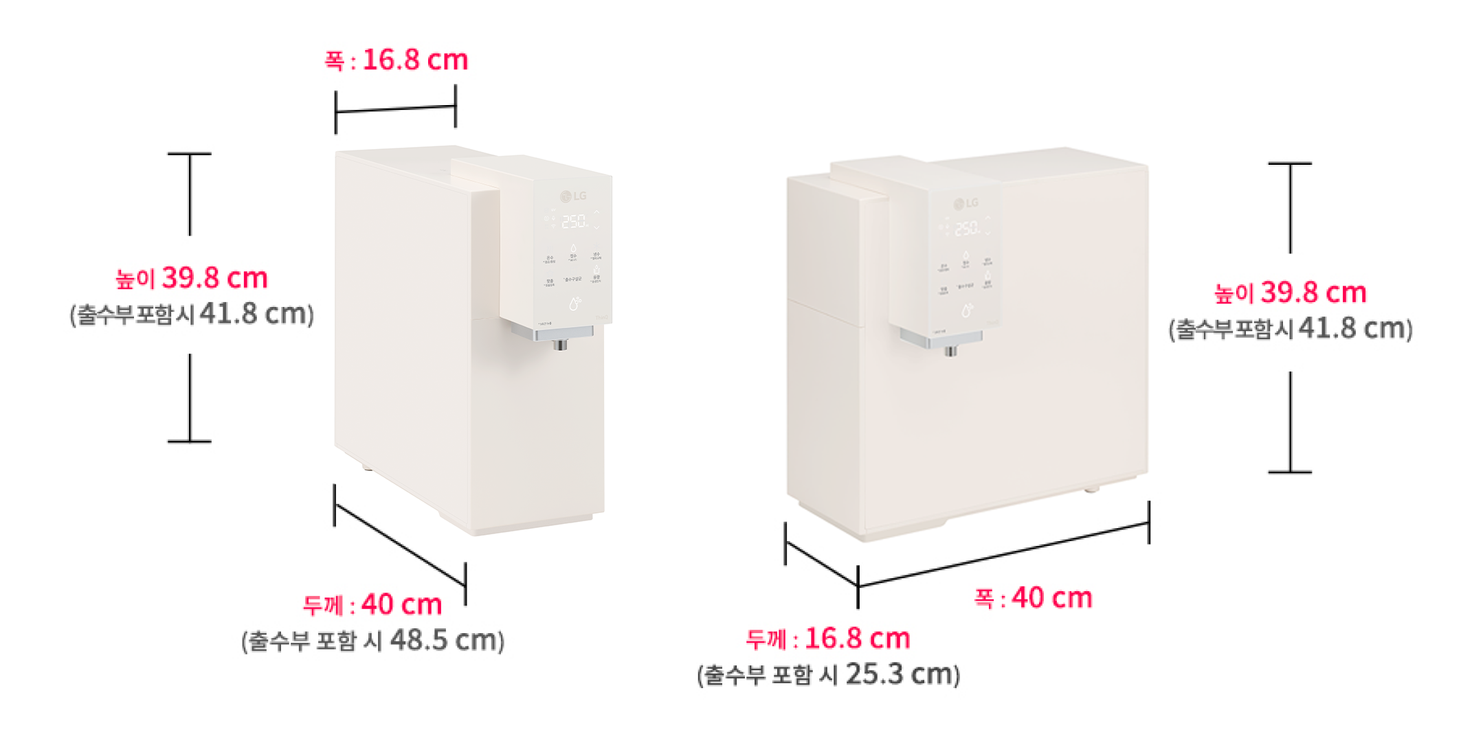 왼쪽 정면 : 높이 39.8cm(출수부 포함 시 41.8cm), 두께 40cm(출수부 포함 시 48.5cm), 폭 16.8cm. 오른쪽 측면: 높이 39.8cm(출수부 포함 시 41.8cm), 두께 16.8cm(출수부 포함 시 25.3cm), 폭 40cm